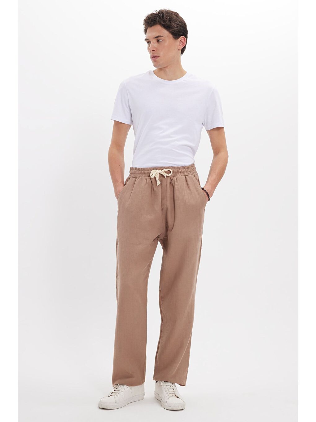 Erkek Baggy Fit Geniş Kesim %100 Pamuk Beli Lastikli Yandan Cepli Müslin Bej Düz Pantolon-6