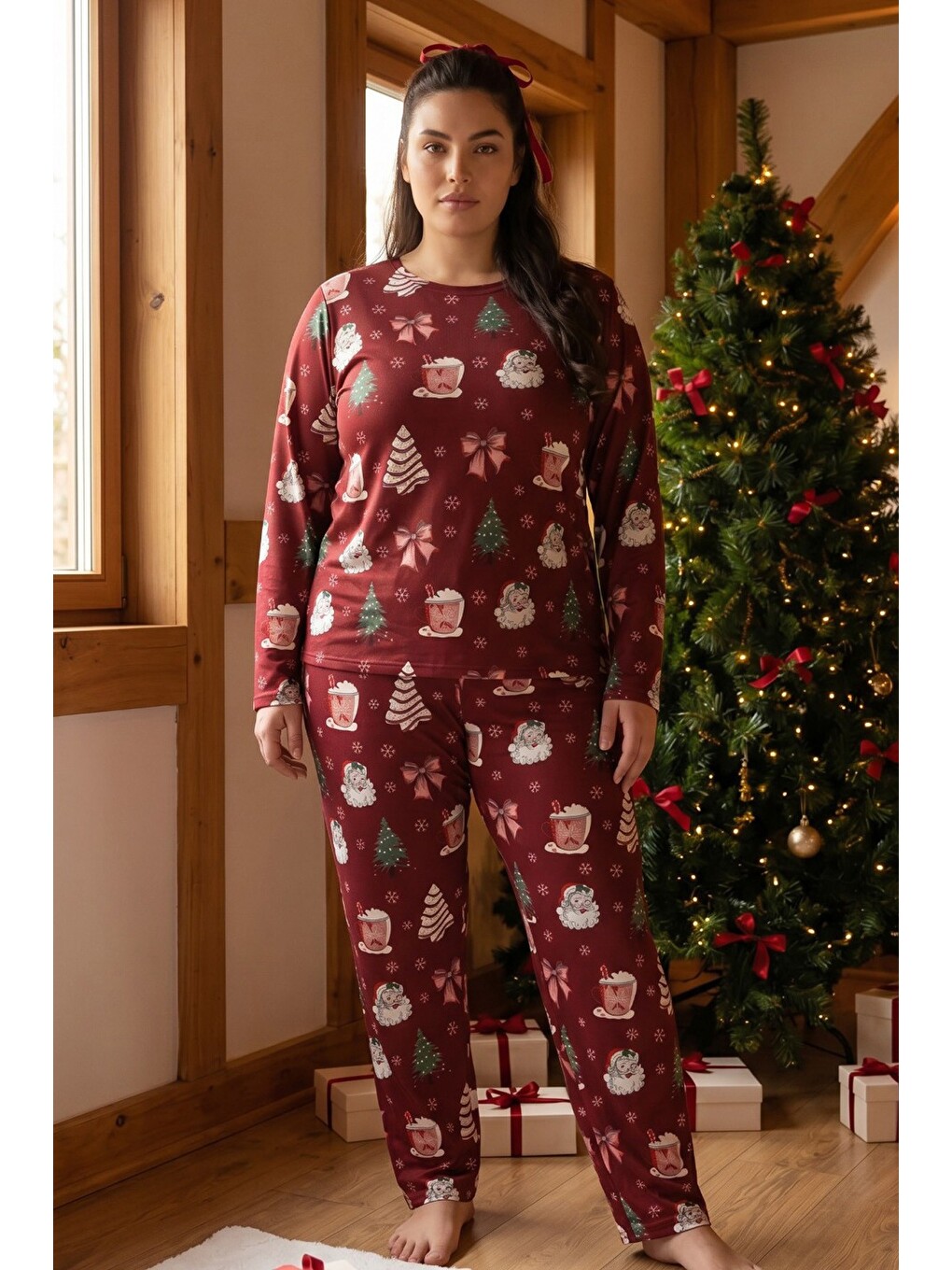 Bordo Yılbaşı Temalı Desenli Termal Kumaşlı Ultra Soft Yumuşak Büyük Beden Battal Boy Örme Pijama Ta-1