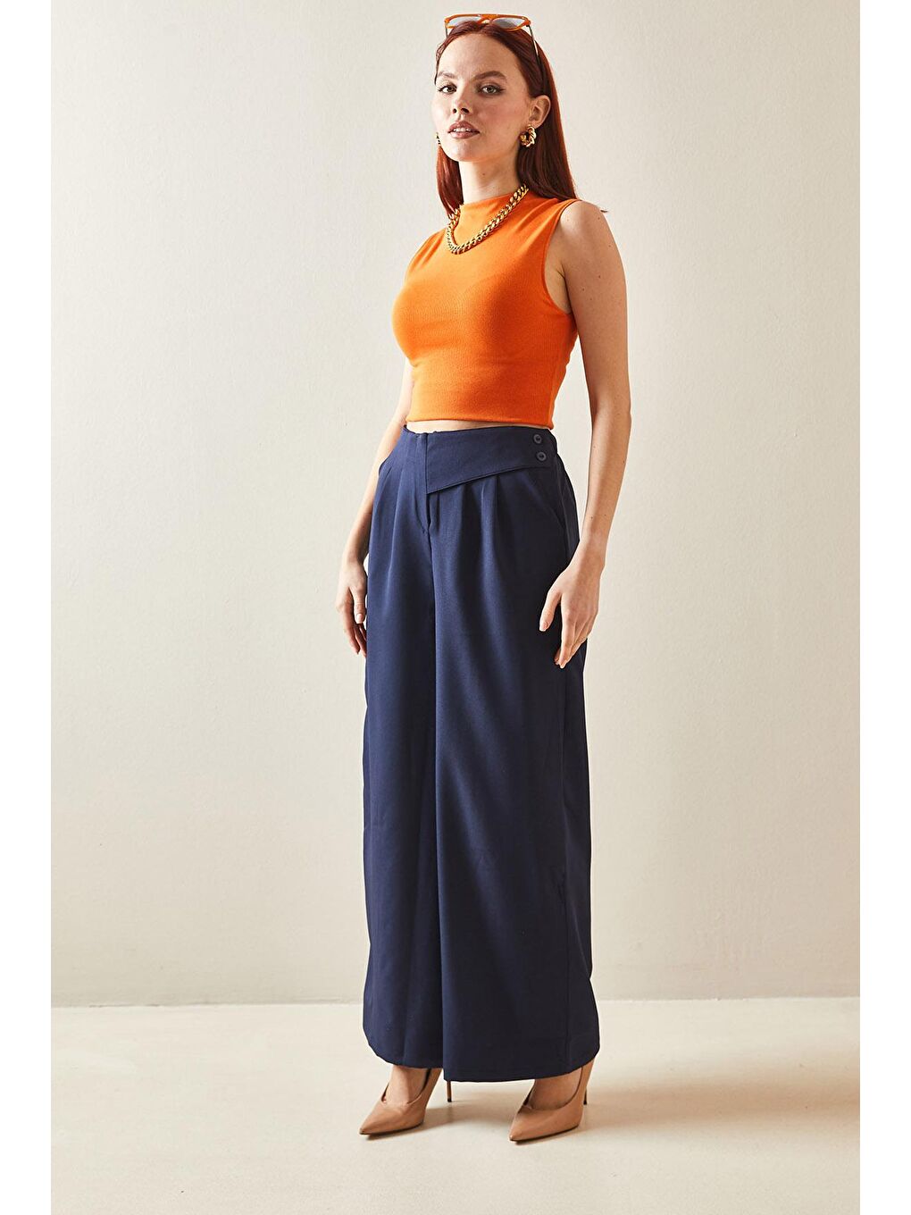 Lacivert Düğme Kemerli Yüsek Bel Palazzo Pantolon 5YXK5-48169-14-2