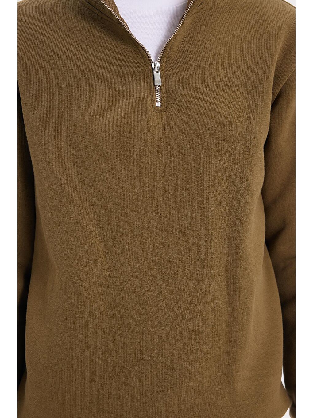 Kadın Relax Fit Rahat Kesim Pamuklu İçi Polarlı Yarım Fermuarlı Yeşil Dik Yaka Sweatshirt-2