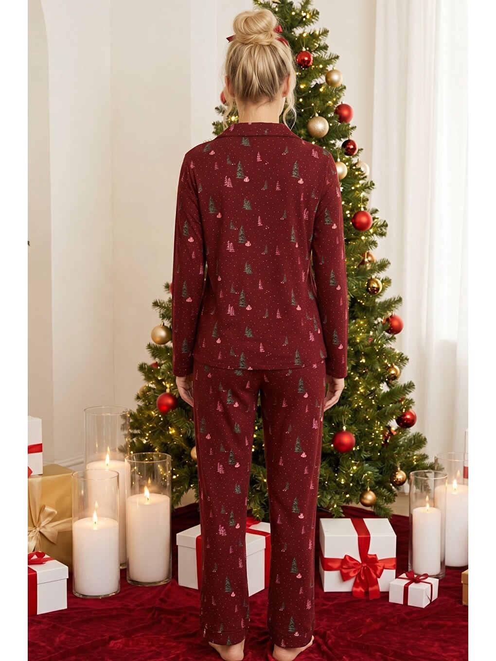 Bordo Yılbaşı Temalı Desenli Termal Kumaşlı Ultra Soft Yumuşak Düğmeli Örme Pijama Takımı-2