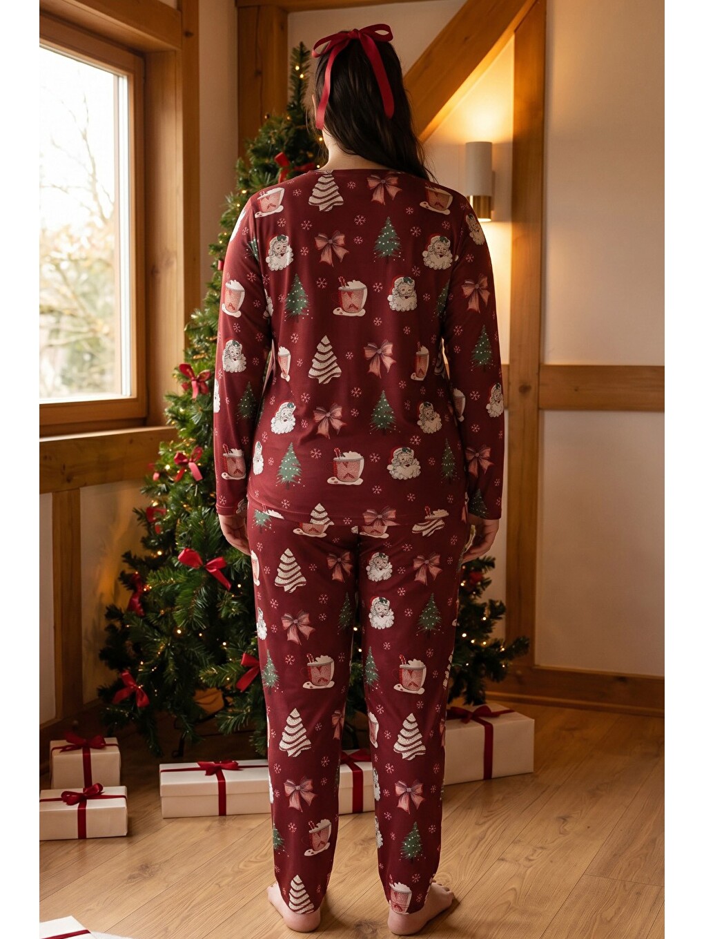 Bordo Yılbaşı Temalı Desenli Termal Kumaşlı Ultra Soft Yumuşak Büyük Beden Battal Boy Örme Pijama Ta-2