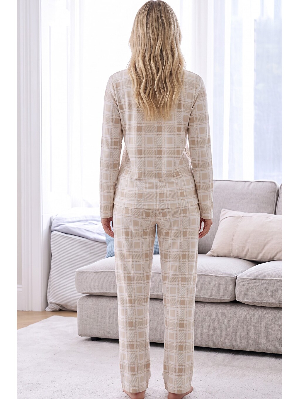 Ekru Krem Ekose Desenli Termal Kumaşlı Ultra Soft Yumuşak Örme Pijama Takımı-2