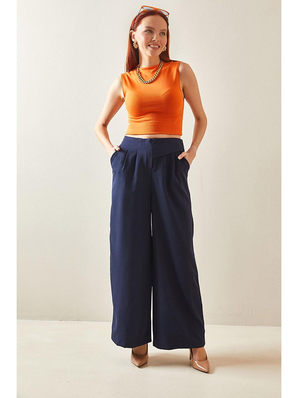 Lacivert Düğme Kemerli Yüsek Bel Palazzo Pantolon 5YXK5-48169-14-3