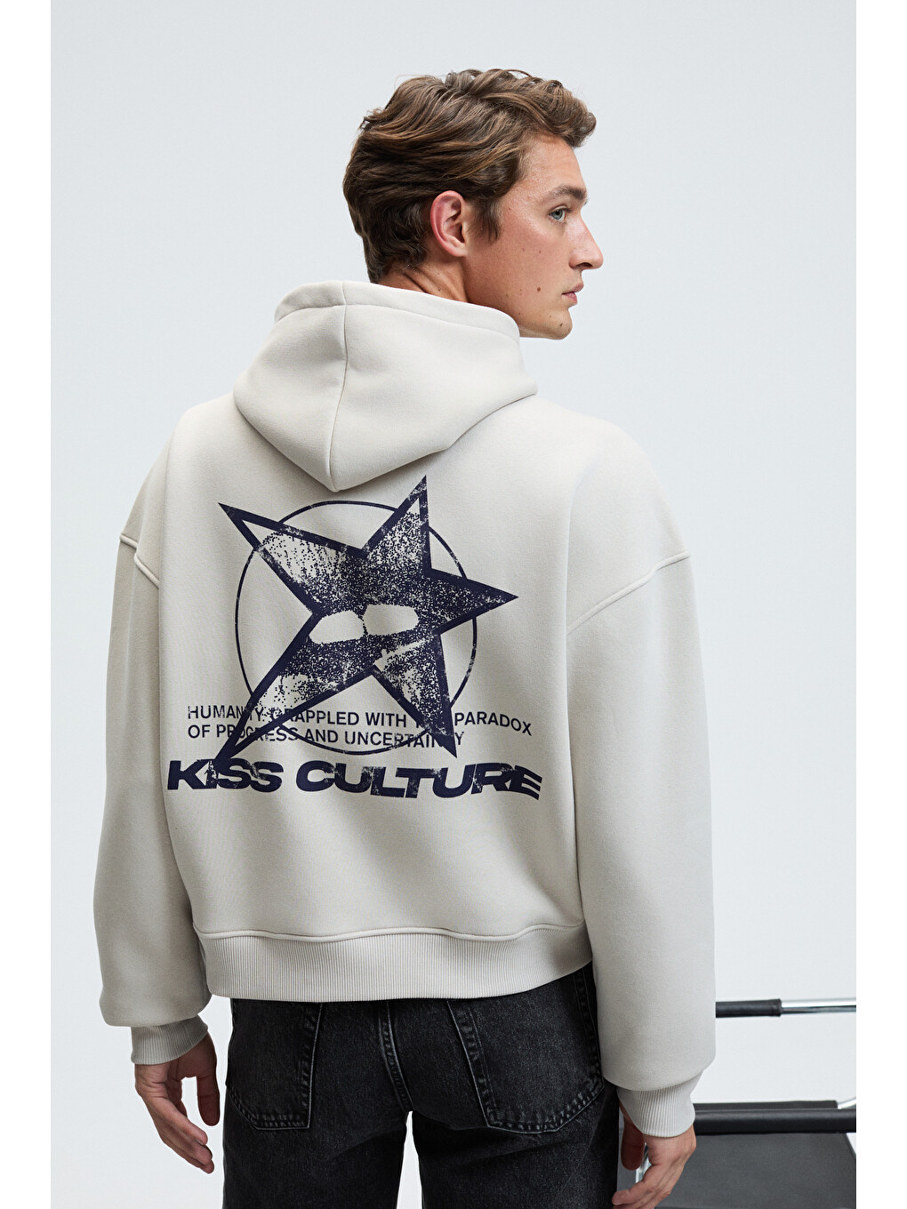 Truett Erkek Kapüşonlu Kanguru Cepli Önü Ve Sırtı Baskılı Oversize Gri Sweatshirt-4