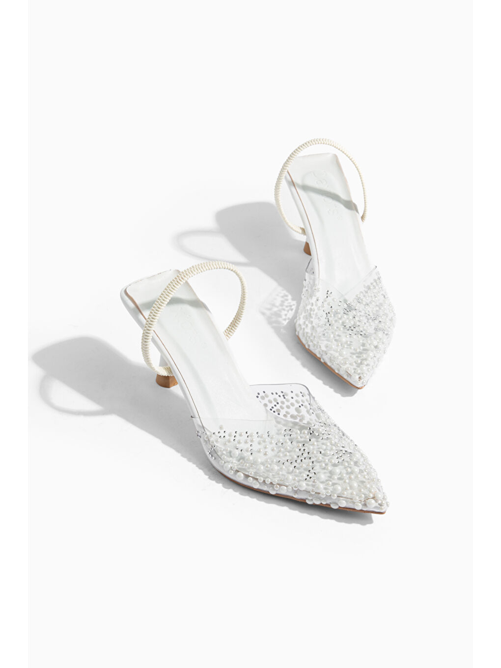 Beyaz İncili Kadın Stiletto Taşlı Sivri Burun Arkası Açık Abiye Topuklu Ayakkabı-2