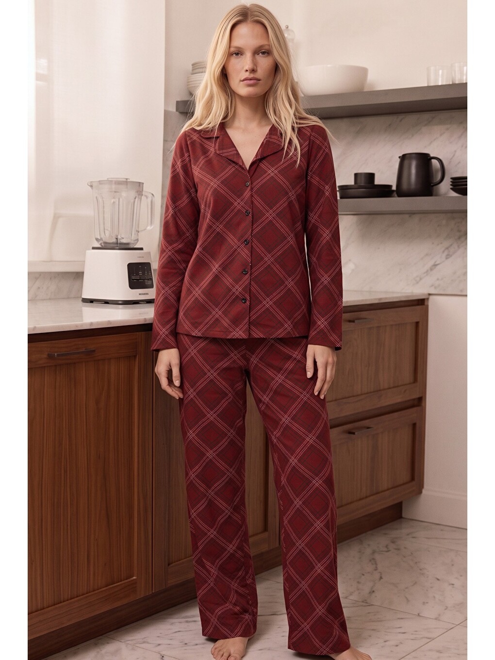 Bordo Ekose Desenli Termal Kumaşlı Ultra Soft Yumuşak Düğmeli Örme Pijama Takımı-1