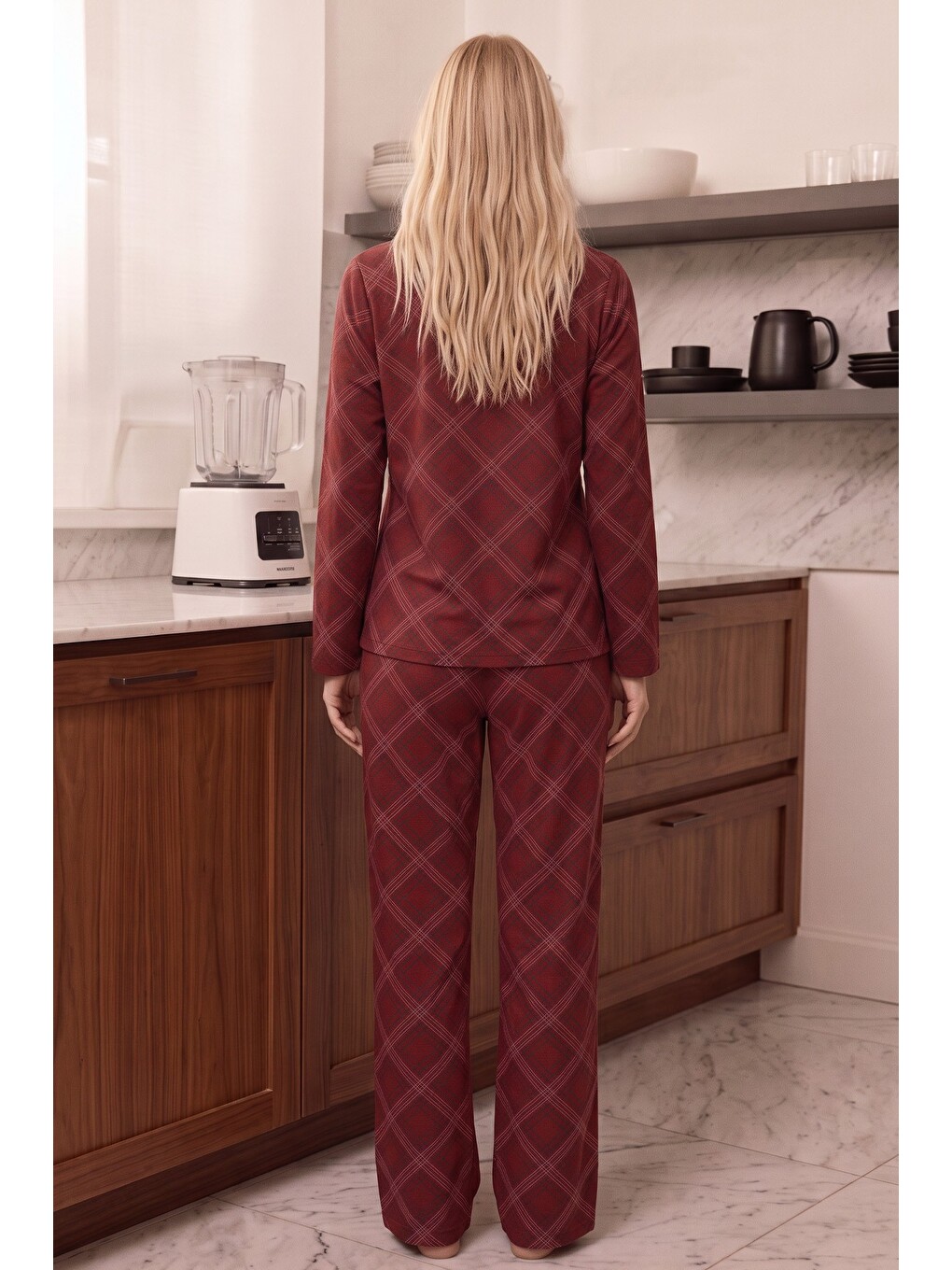 Bordo Ekose Desenli Termal Kumaşlı Ultra Soft Yumuşak Düğmeli Örme Pijama Takımı-2