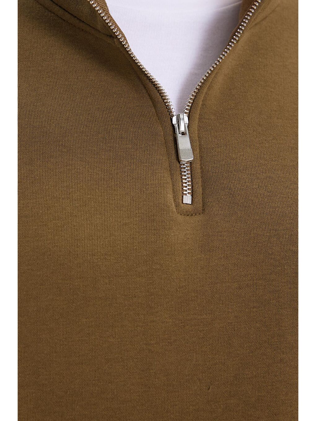 Kadın Relax Fit Rahat Kesim Pamuklu İçi Polarlı Yarım Fermuarlı Yeşil Dik Yaka Sweatshirt-6