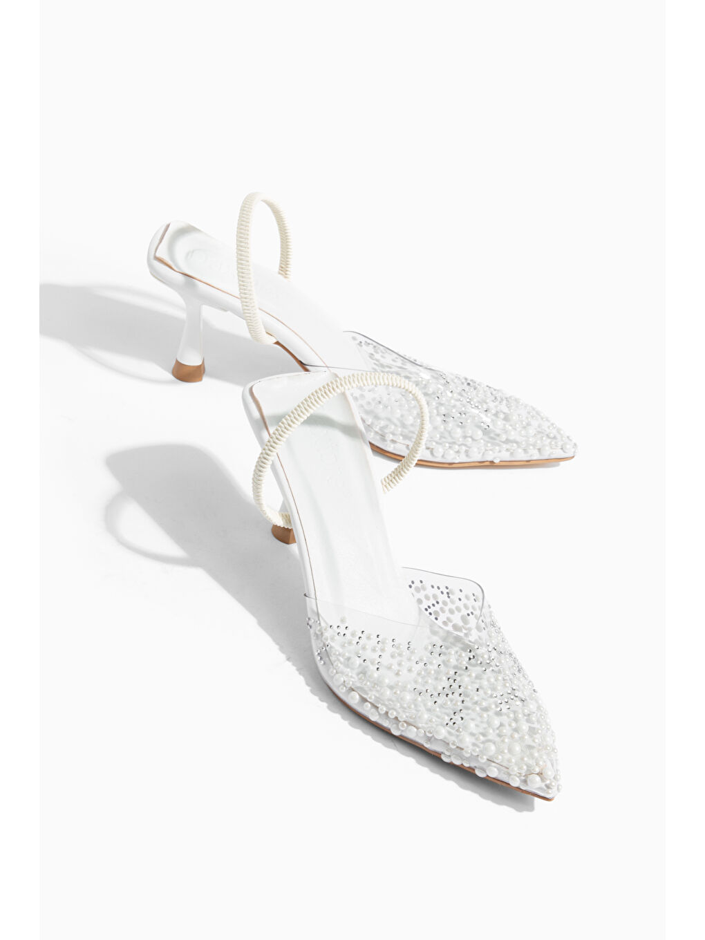 Beyaz İncili Kadın Stiletto Taşlı Sivri Burun Arkası Açık Abiye Topuklu Ayakkabı-3