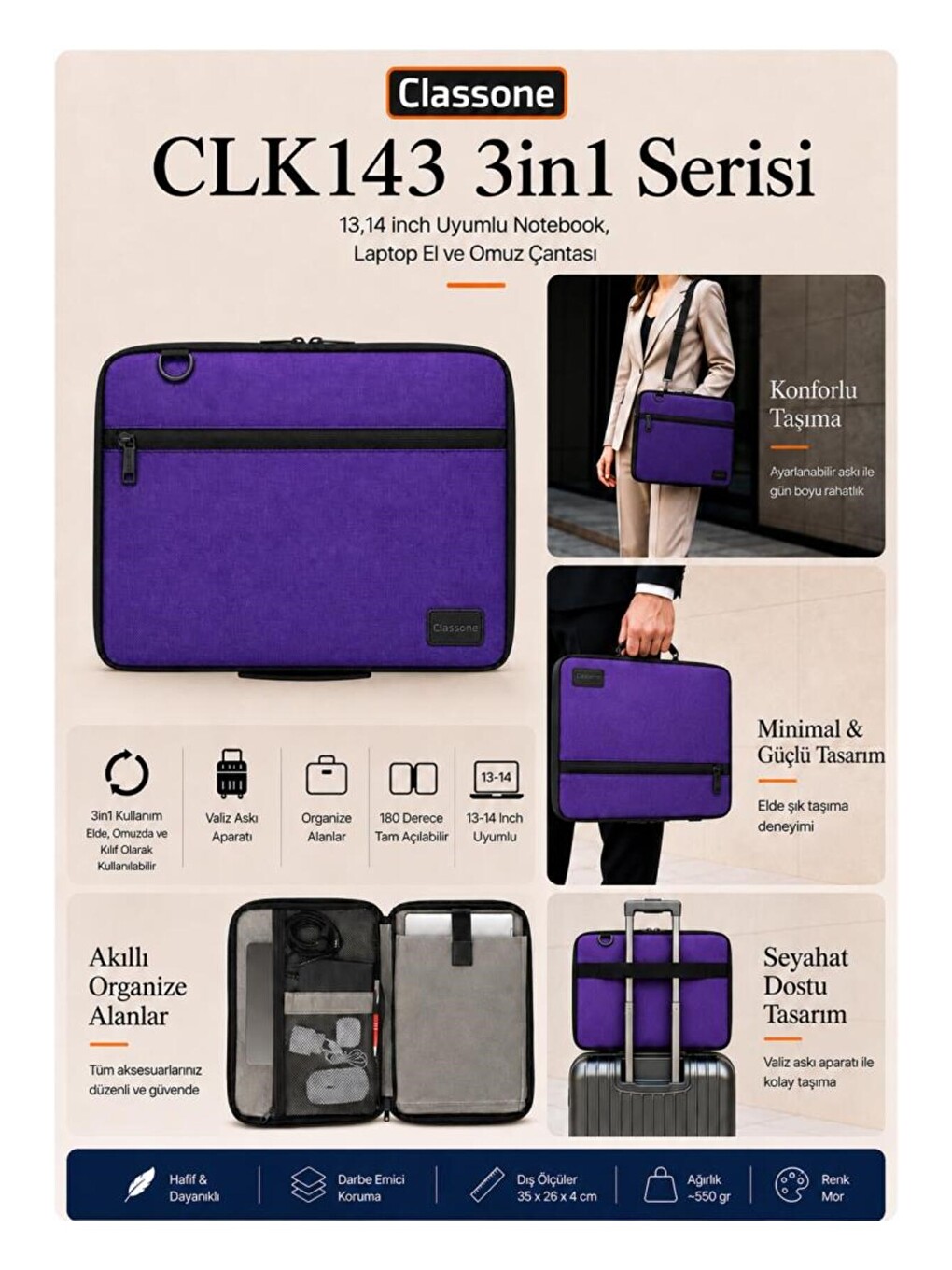 3in1 Serisi Clk143 13,14 İnch Uyumlu Tablet Laptop El Ve Omuz Çantası Mor