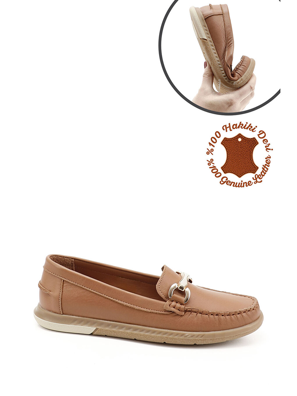 Kahverengi Kadın TABA Tokalı Rok Hakiki Deri Comfort Loafer