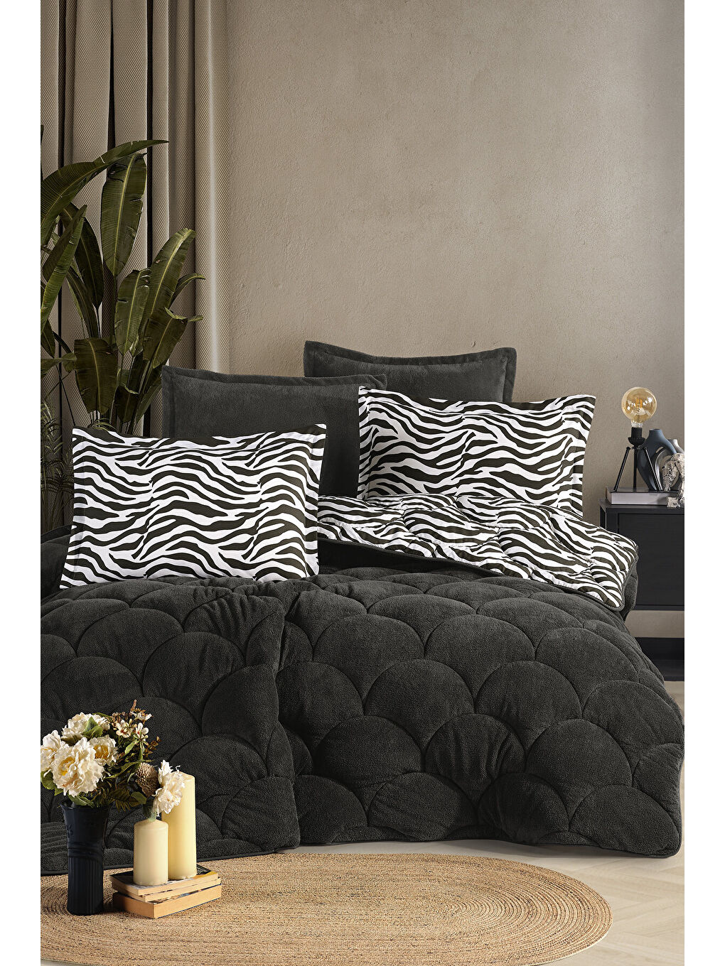 Antrasit Wellsoft Çift Kişilik Uyku Seti Çift Taraflı Zebra