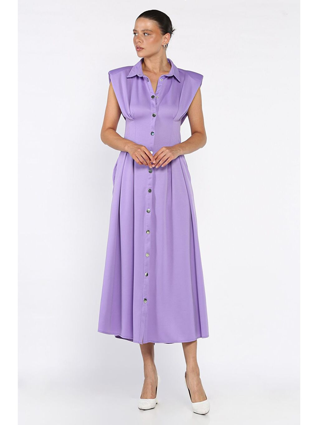 Lila Pileli Ön Çıtçıtlı Sıfır Kol Kadın Elbise-1