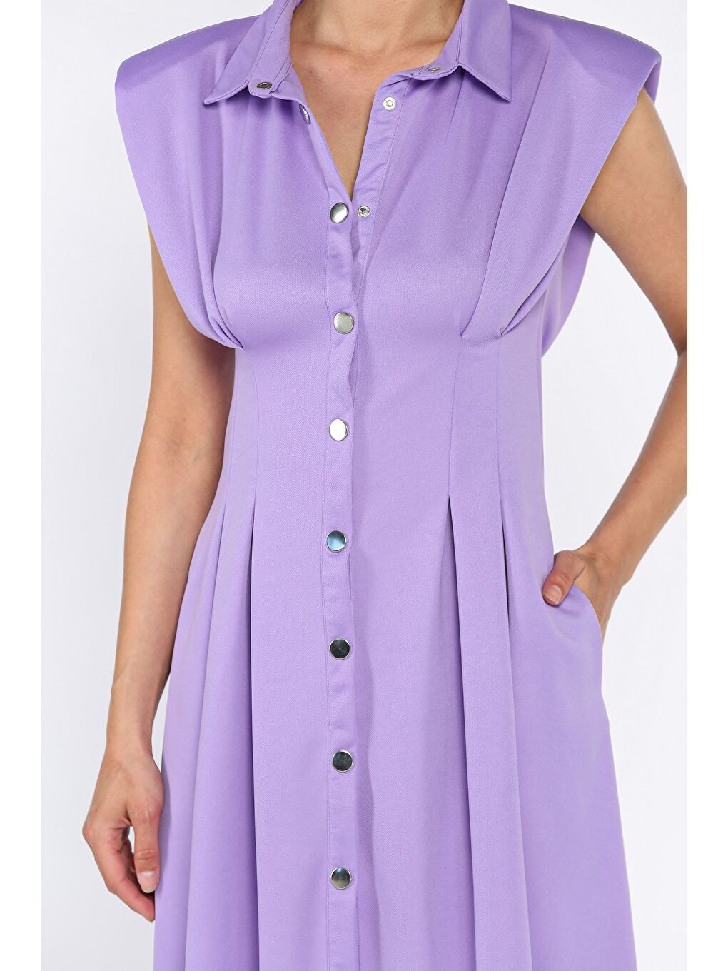 Lila Pileli Ön Çıtçıtlı Sıfır Kol Kadın Elbise-3