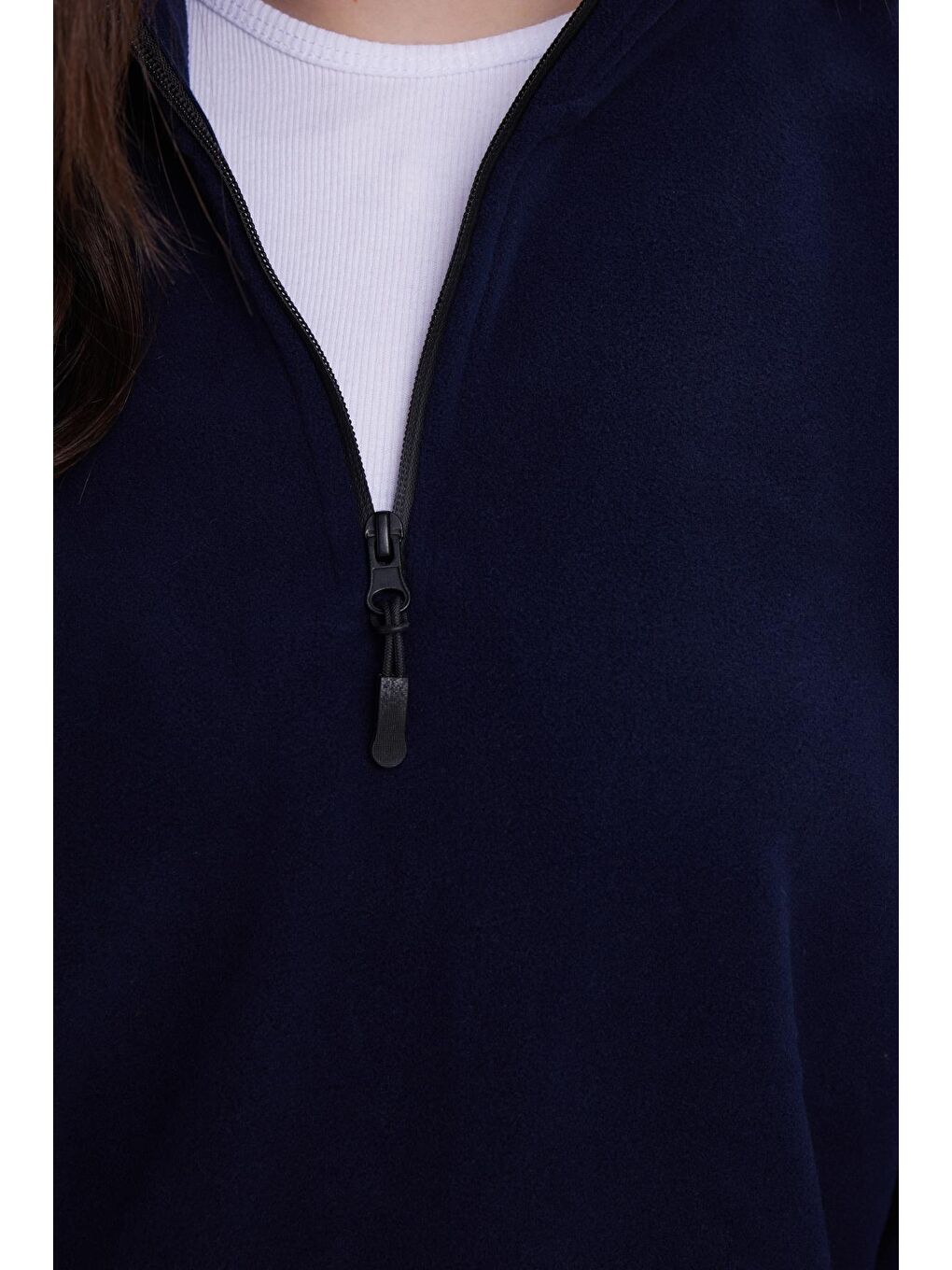 Kadın Standart Fit Antipilling Tüylenme Yapmayan Soğuk Geçirmez Lacivert Bato Yaka Polar Sweatshirt-2