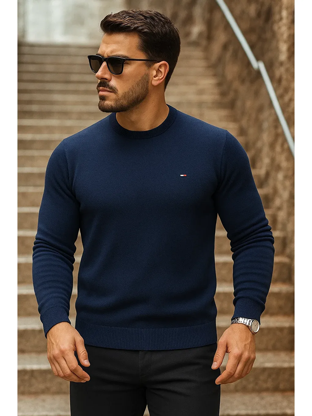 Erkek Günlük Trend Bisiklet Yaka Lacivert Triko Kazak