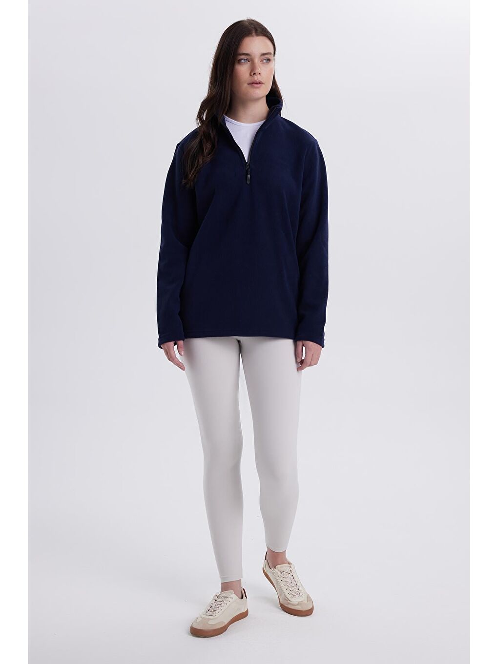 Kadın Standart Fit Antipilling Tüylenme Yapmayan Soğuk Geçirmez Lacivert Bato Yaka Polar Sweatshirt-3