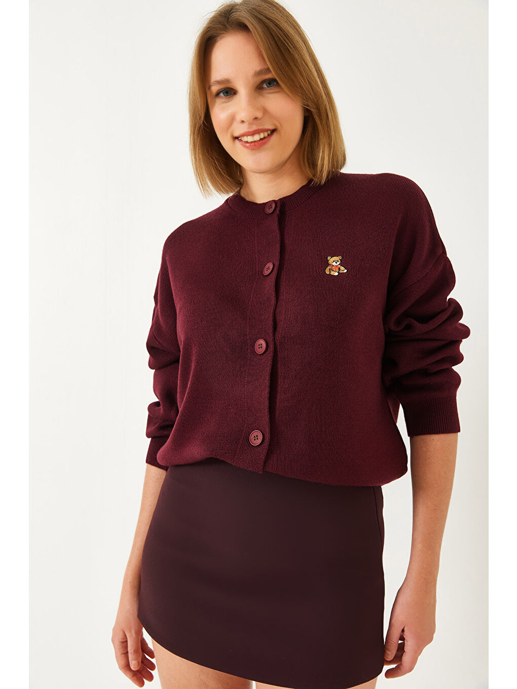 Bordo Kadın Teddy Nakışlı Düğmeli Triko Hırka Th