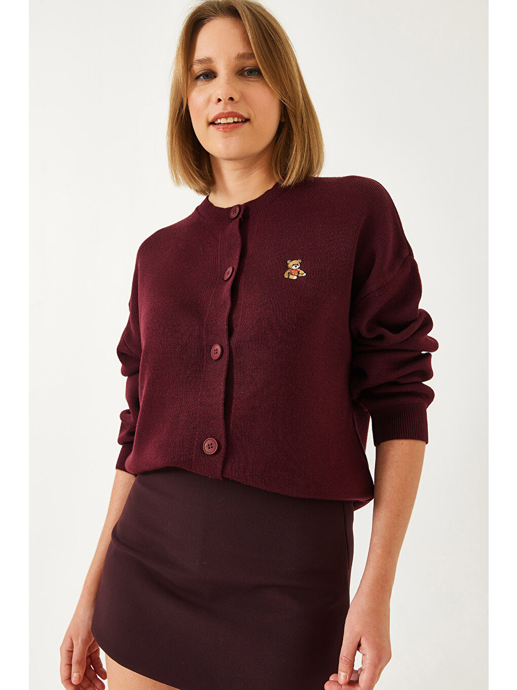 Bordo Kadın Teddy Nakışlı Düğmeli Triko Hırka Th-1