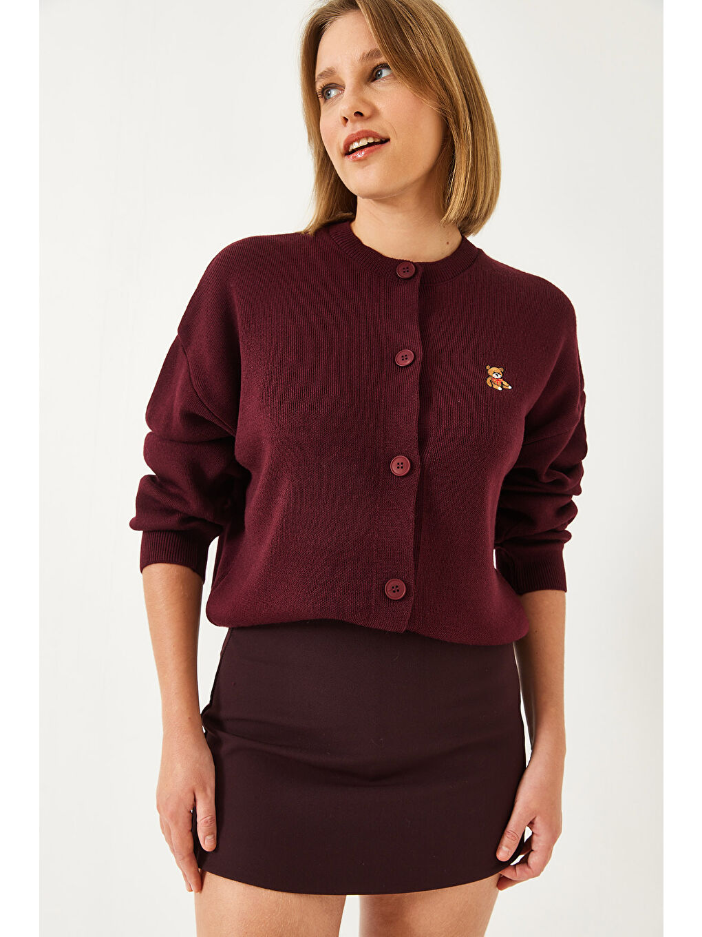 Bordo Kadın Teddy Nakışlı Düğmeli Triko Hırka Th-2