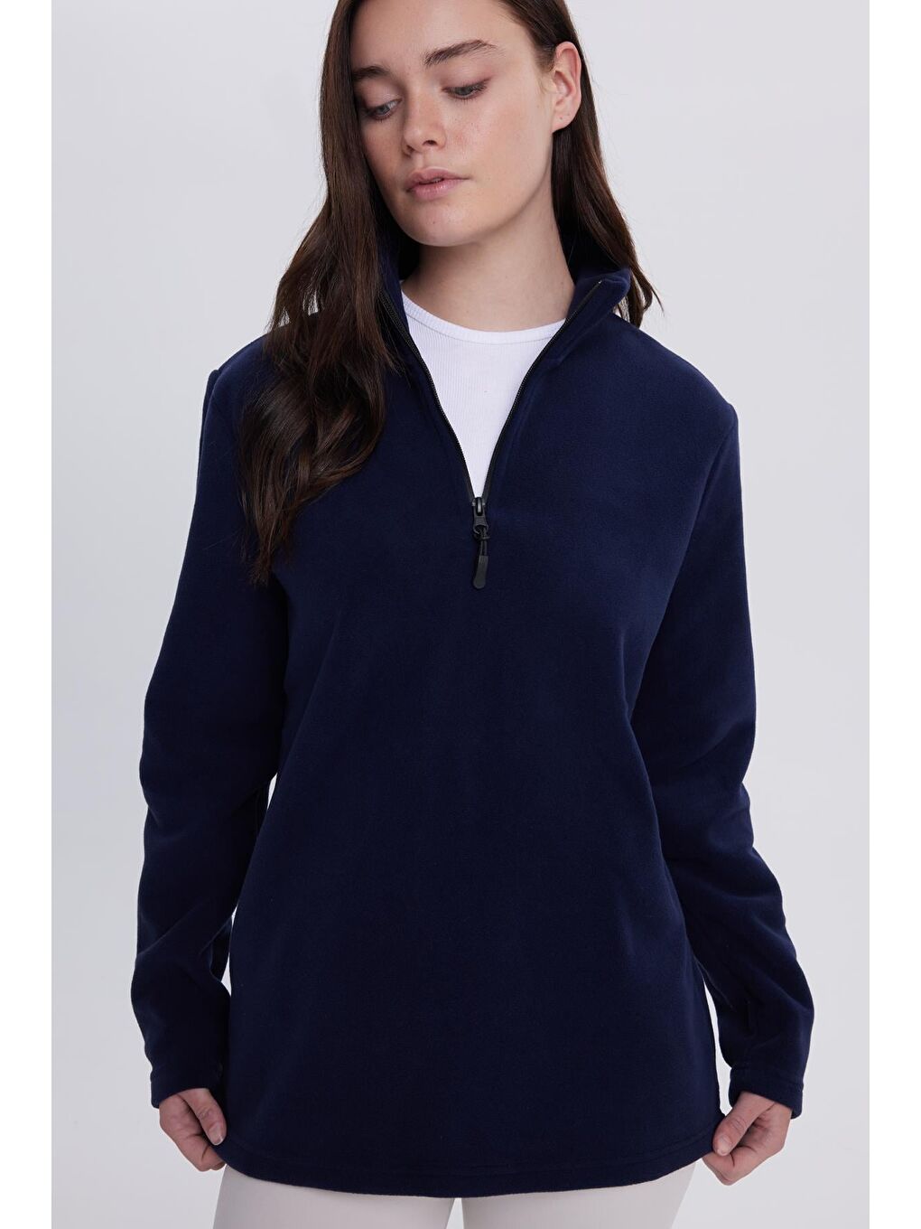 Kadın Standart Fit Antipilling Tüylenme Yapmayan Soğuk Geçirmez Lacivert Bato Yaka Polar Sweatshirt-4