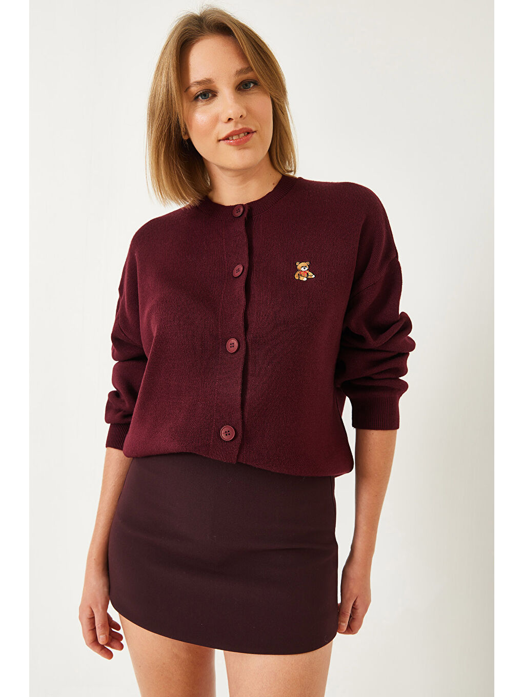 Bordo Kadın Teddy Nakışlı Düğmeli Triko Hırka Th-3