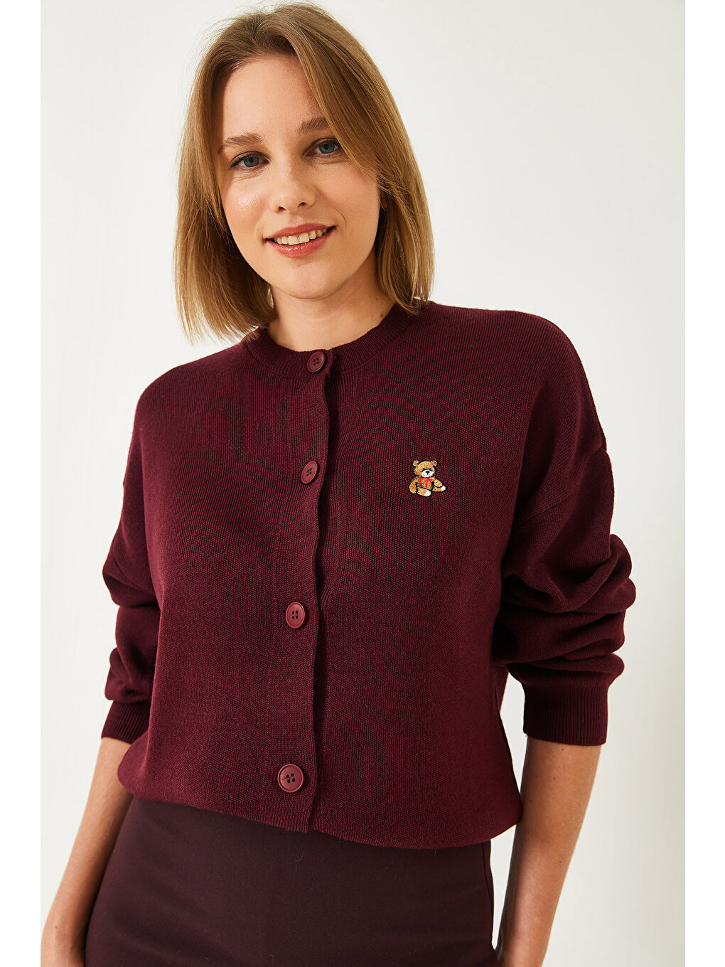 Bordo Kadın Teddy Nakışlı Düğmeli Triko Hırka Th-4