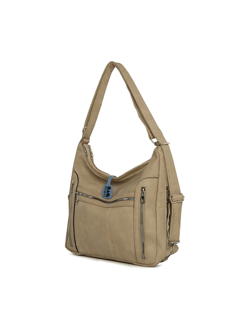 Bej Yedi Gözlü Fermuar Detaylı Askılı ve Sırt Salaş Çanta-1