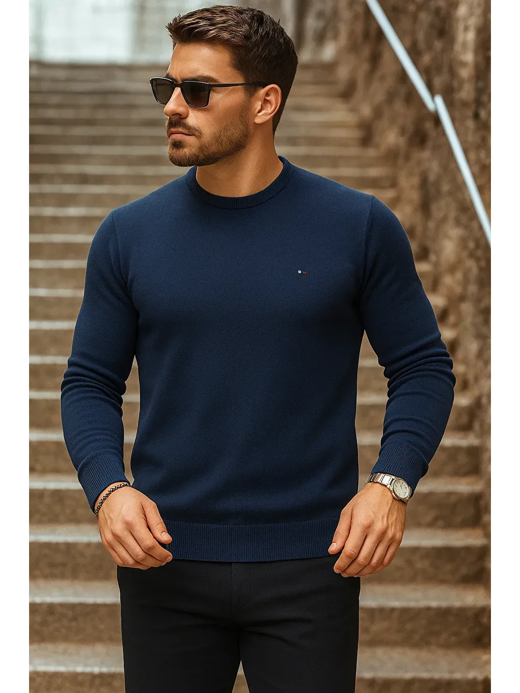 Erkek Günlük Trend Bisiklet Yaka Lacivert Triko Kazak-1