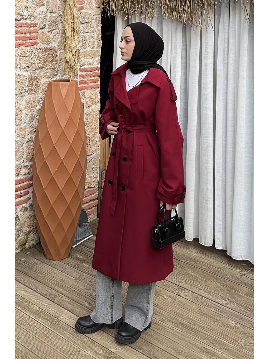 Reglan Kol Düğmeli Trenç Bordo-1