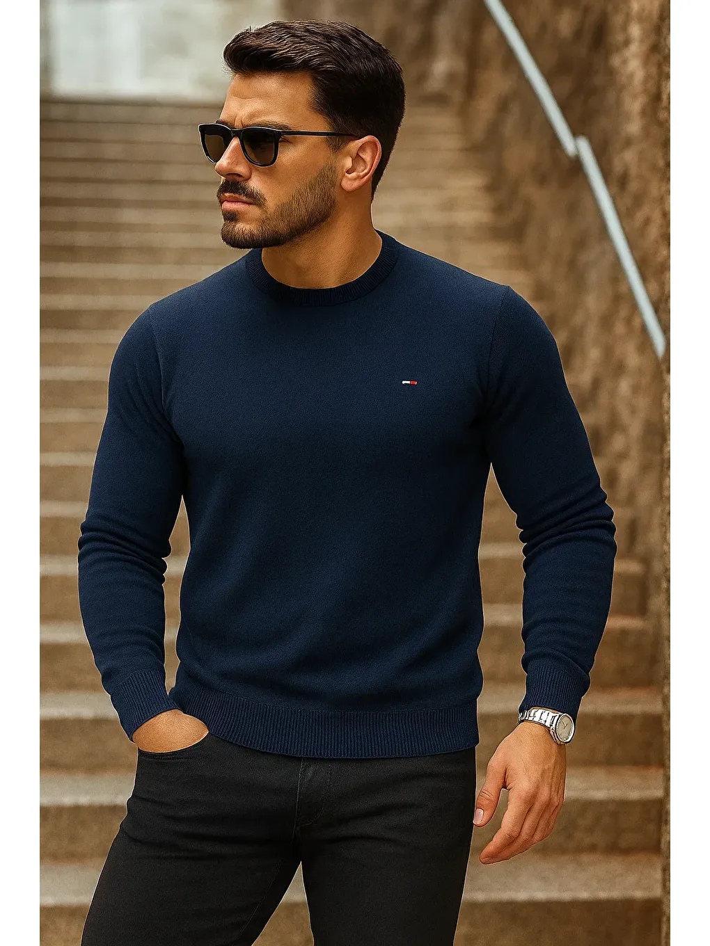 Erkek Günlük Trend Bisiklet Yaka Lacivert Triko Kazak-2