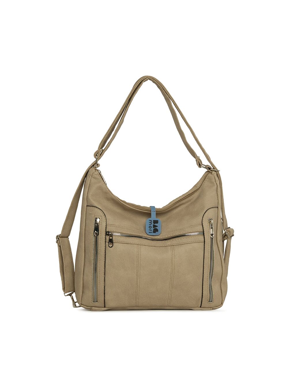 Bej Yedi Gözlü Fermuar Detaylı Askılı ve Sırt Salaş Çanta-3