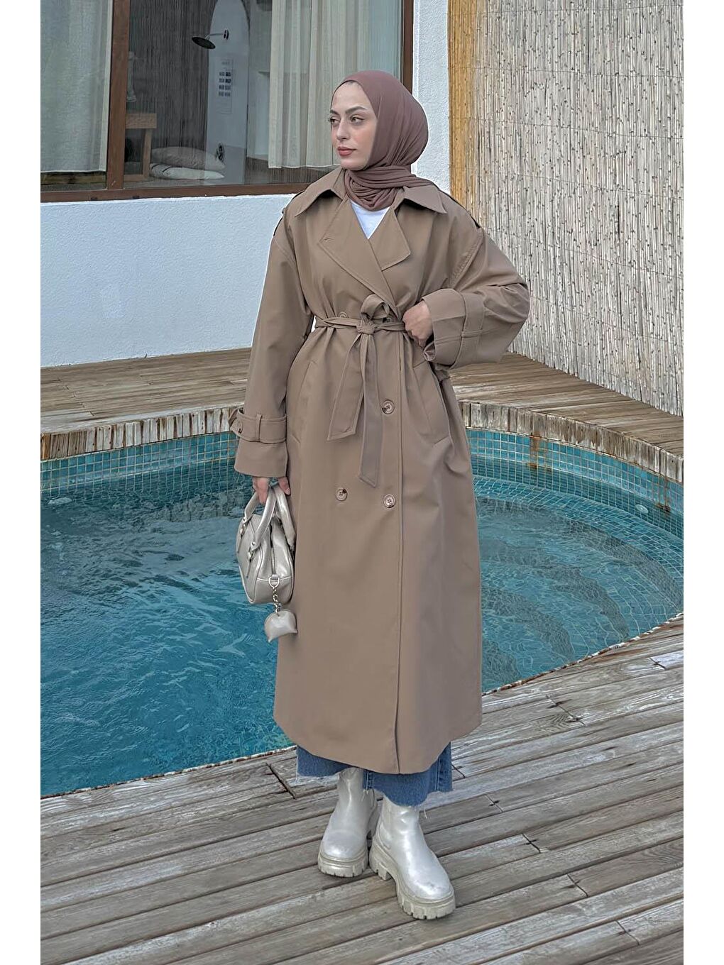 Kahverengi Omuz Apoletli Premium Trençkot Camel