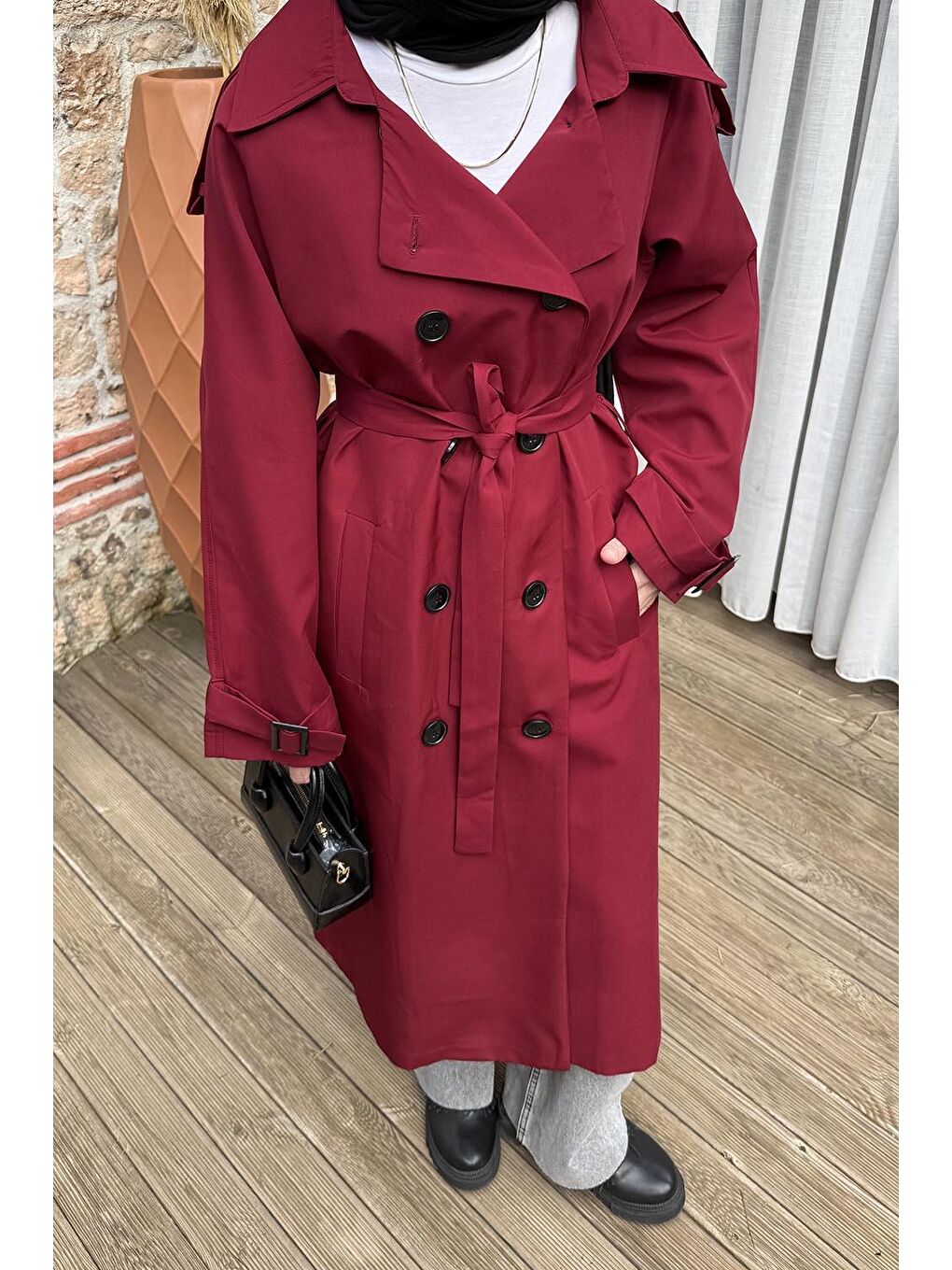 Reglan Kol Düğmeli Trenç Bordo-2