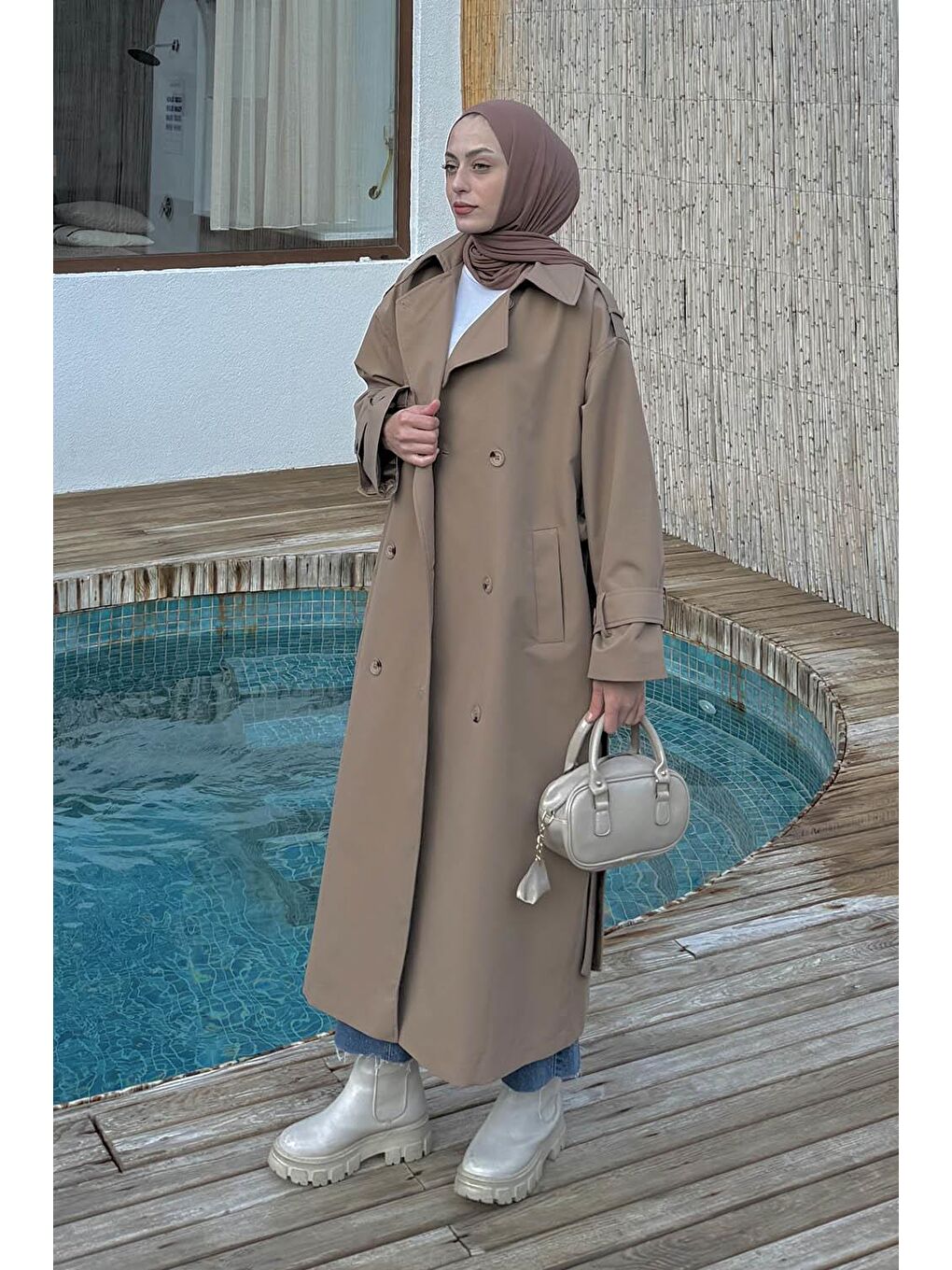 Kahverengi Omuz Apoletli Premium Trençkot Camel-1