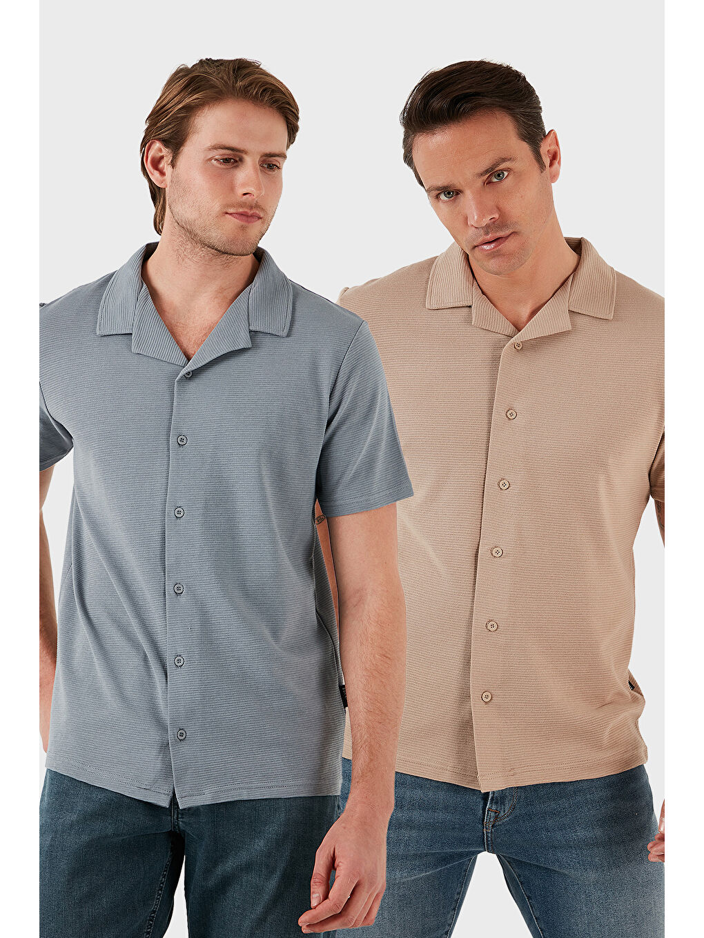 Bej Pamuklu Regular Fit Kısa Kollu 2'li Paket Gömlek 5902640S2
