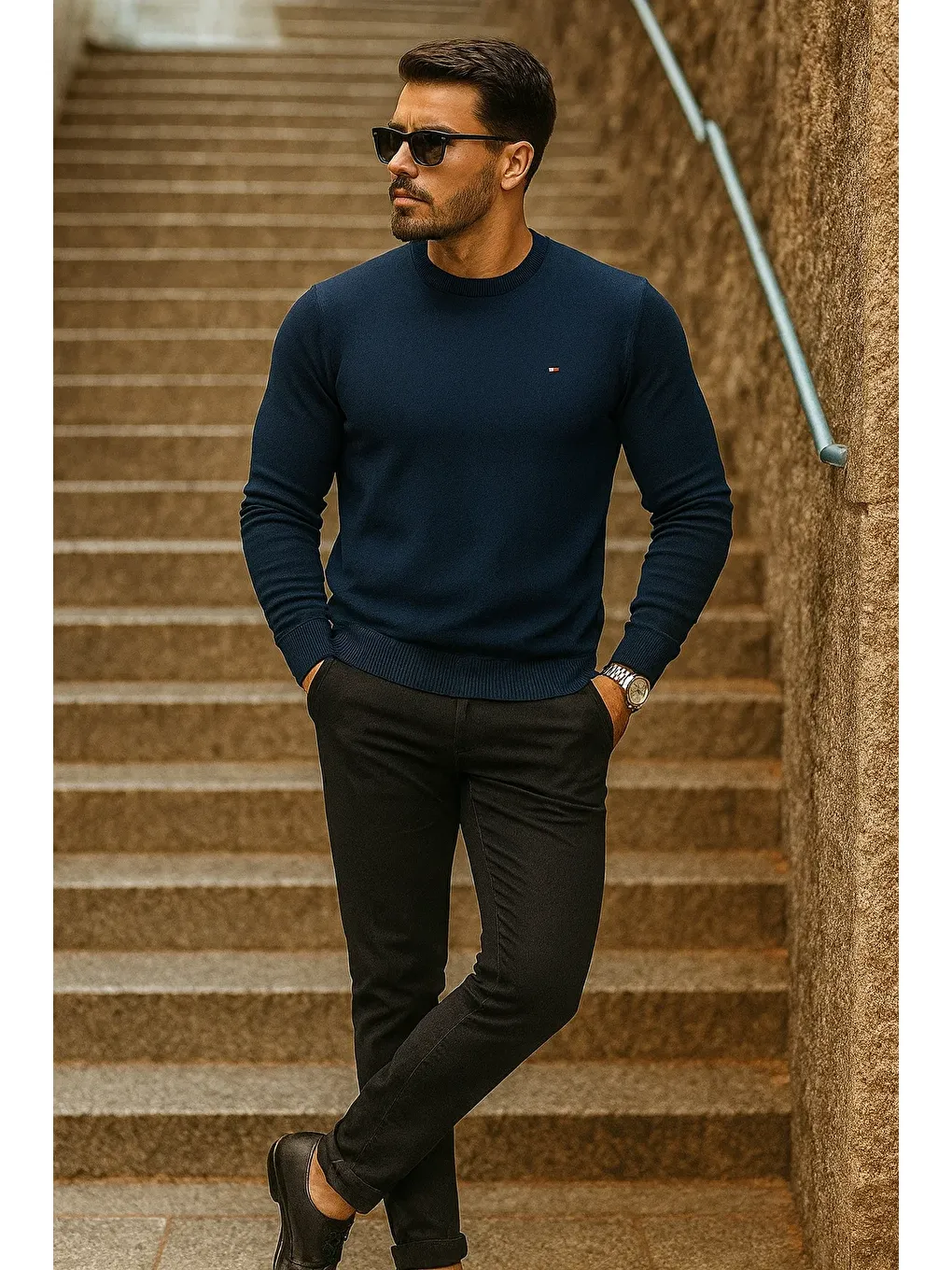 Erkek Günlük Trend Bisiklet Yaka Lacivert Triko Kazak-3