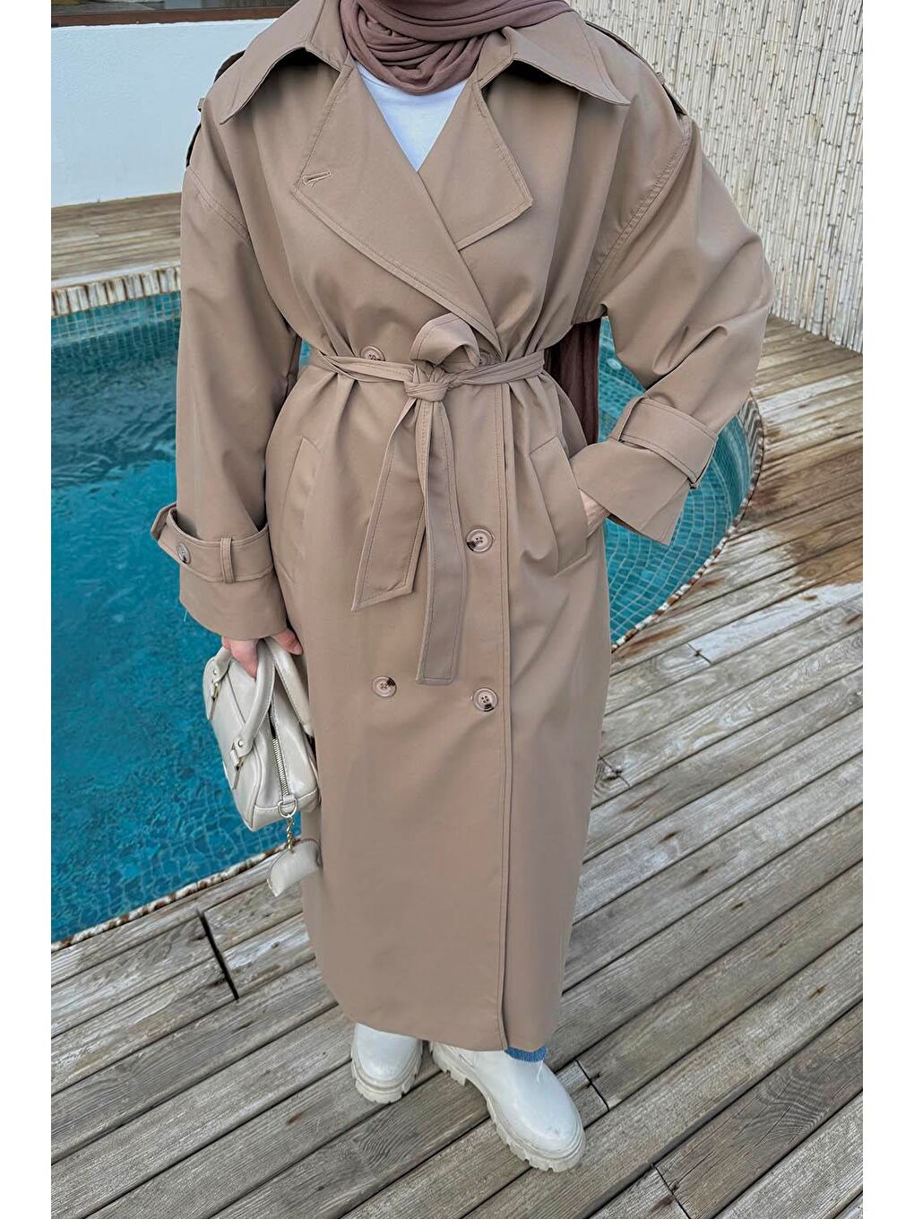 Kahverengi Omuz Apoletli Premium Trençkot Camel-2