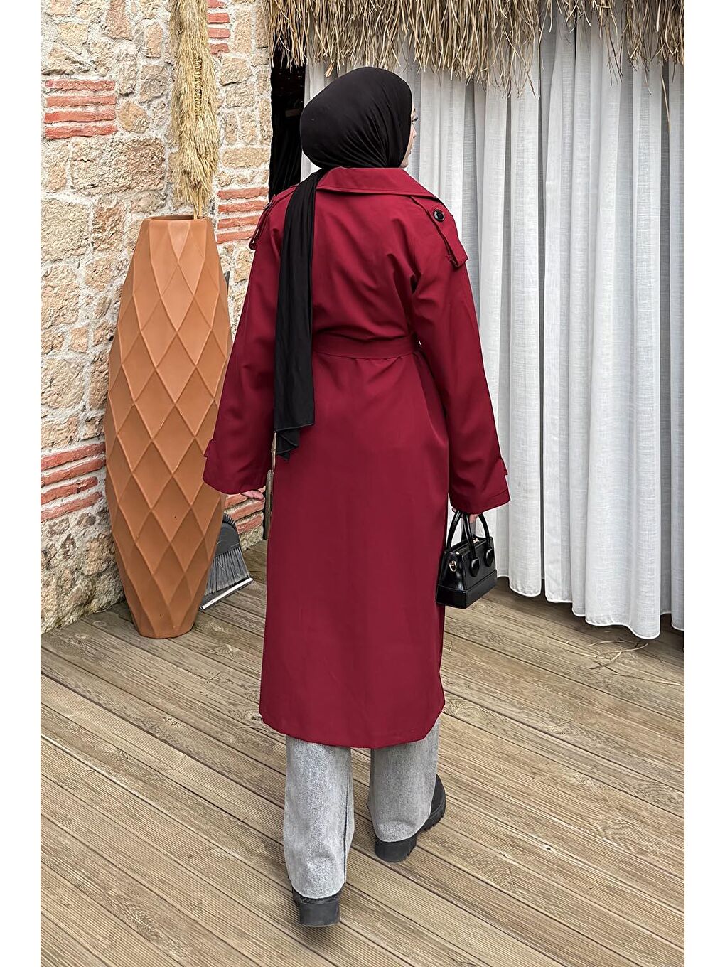 Reglan Kol Düğmeli Trenç Bordo-3