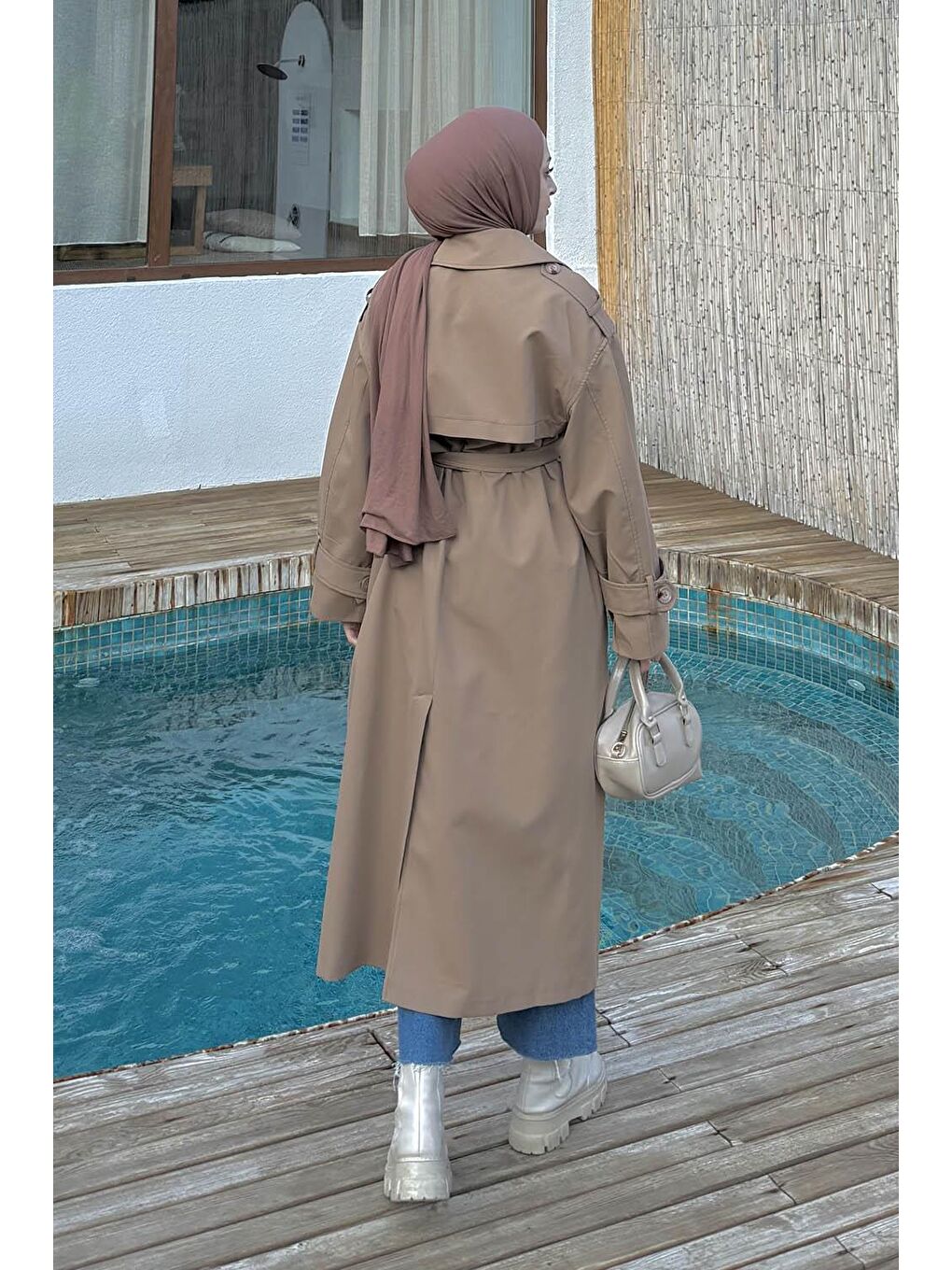 Kahverengi Omuz Apoletli Premium Trençkot Camel-3