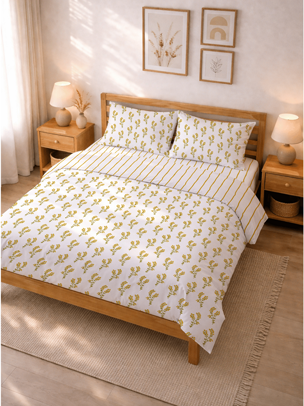 Sarı Çift Kişilik Mimoza Çiçekli ve Çizgili Pamuklu Nevresim Takımı - 2000x220 cm (Çarşafsız)