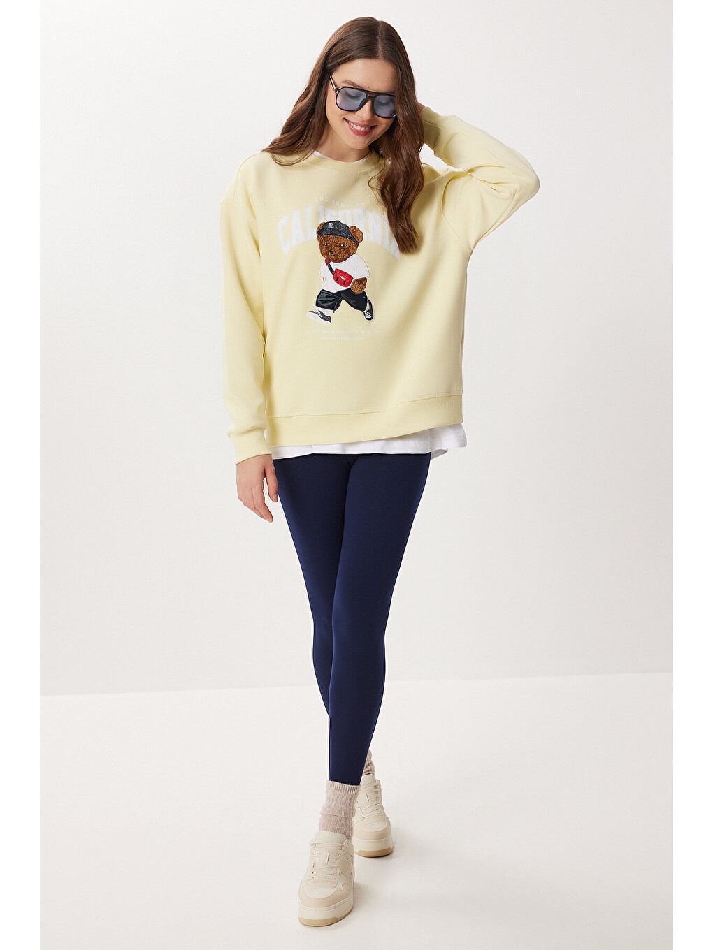 Ayıcık Armalı Baskılı Oversize Örme Sweatshirt Sarı Lmc0074-1