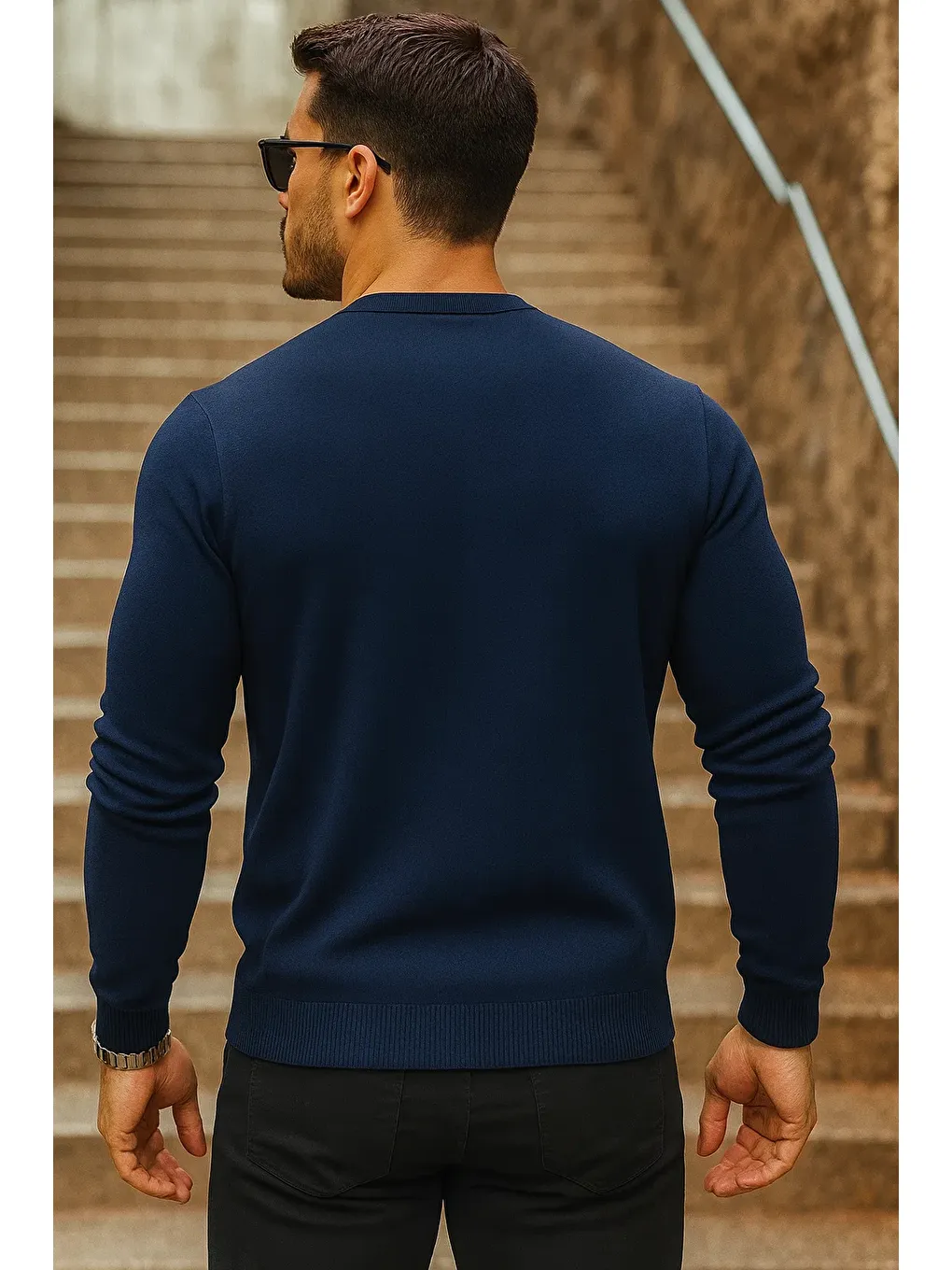 Erkek Günlük Trend Bisiklet Yaka Lacivert Triko Kazak-4