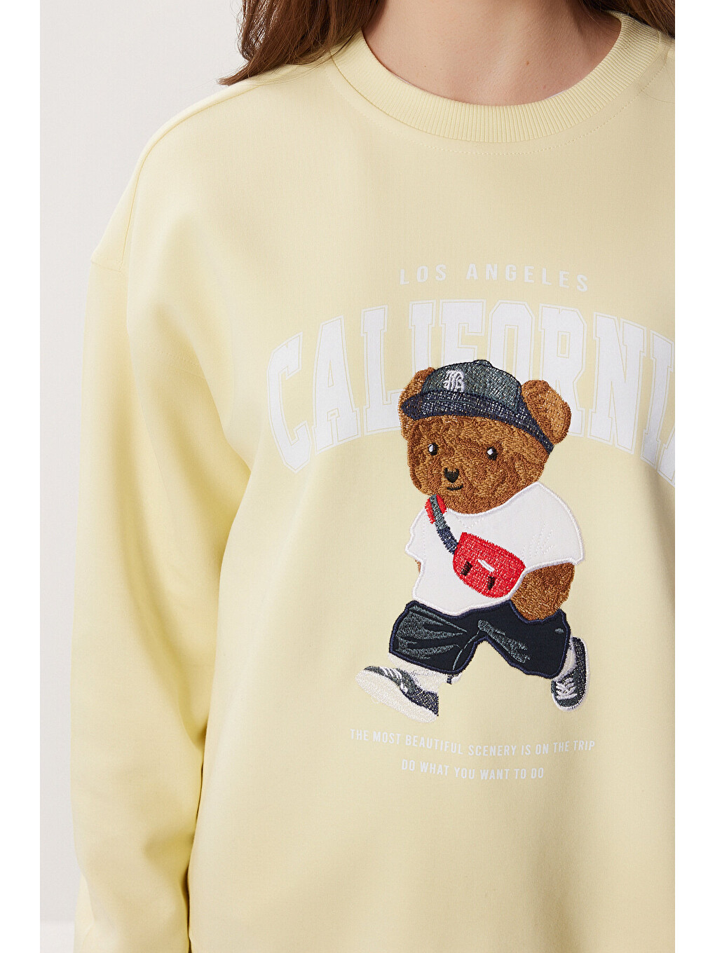 Ayıcık Armalı Baskılı Oversize Örme Sweatshirt Sarı Lmc0074-2