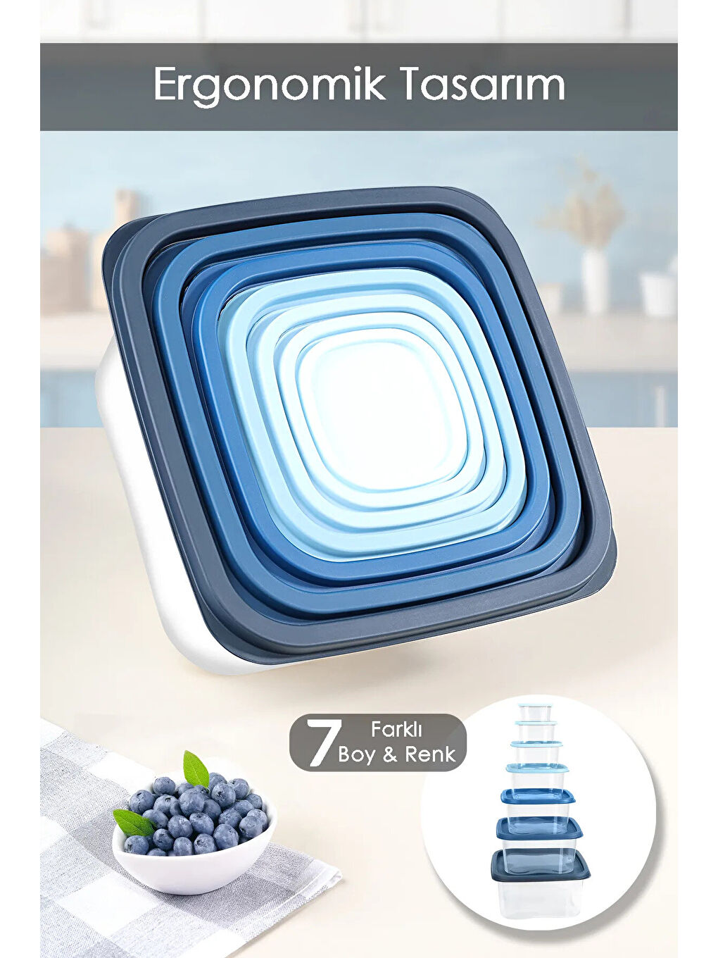 Mavi 14'lü Kare Erzak Gıda Saklama Kabı Seti-3