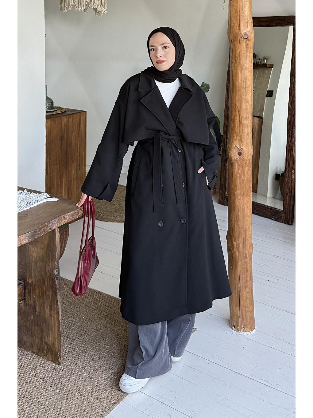 Bağlama Detaylı Trençkot Siyah