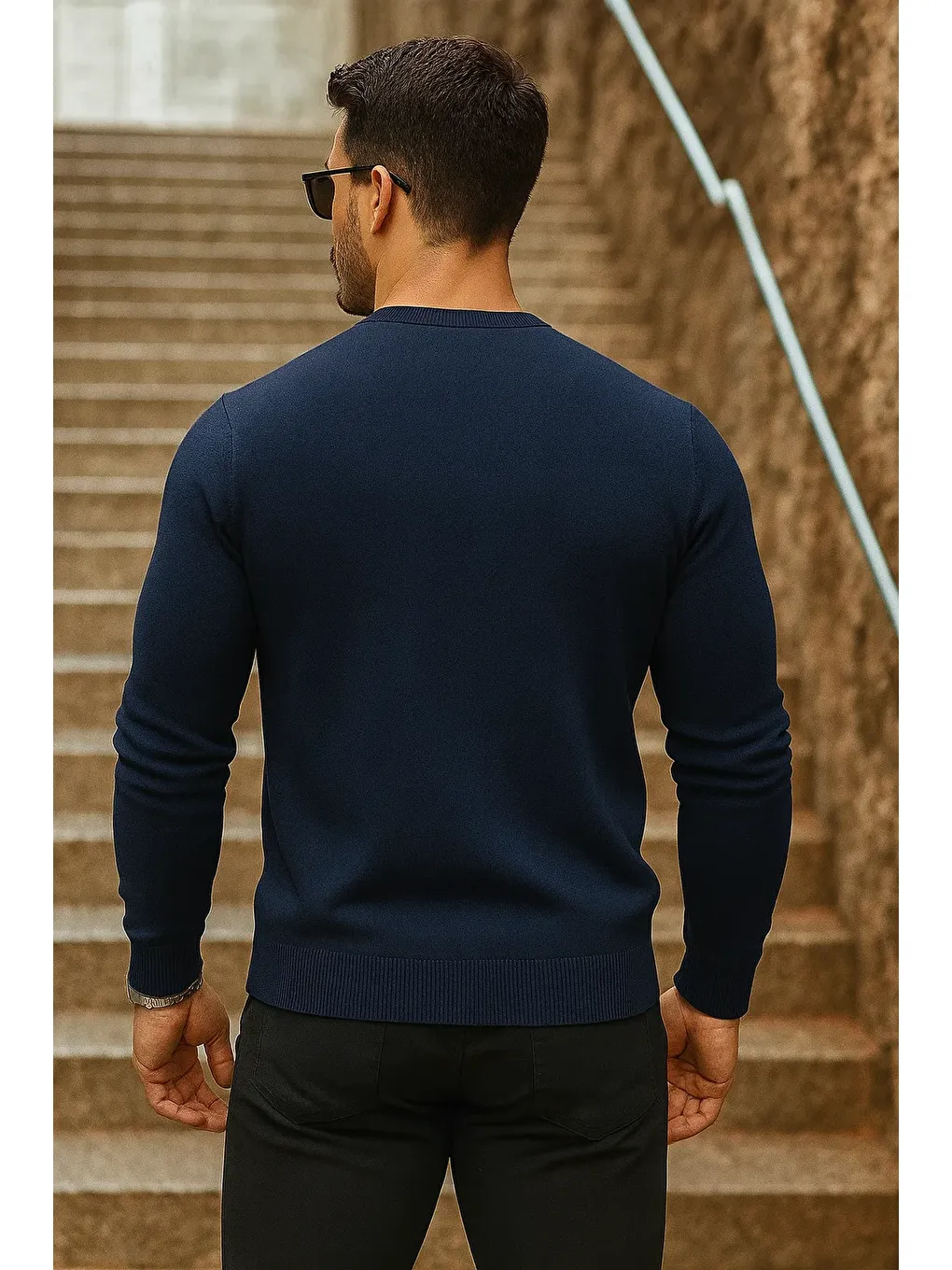 Erkek Günlük Trend Bisiklet Yaka Lacivert Triko Kazak-5