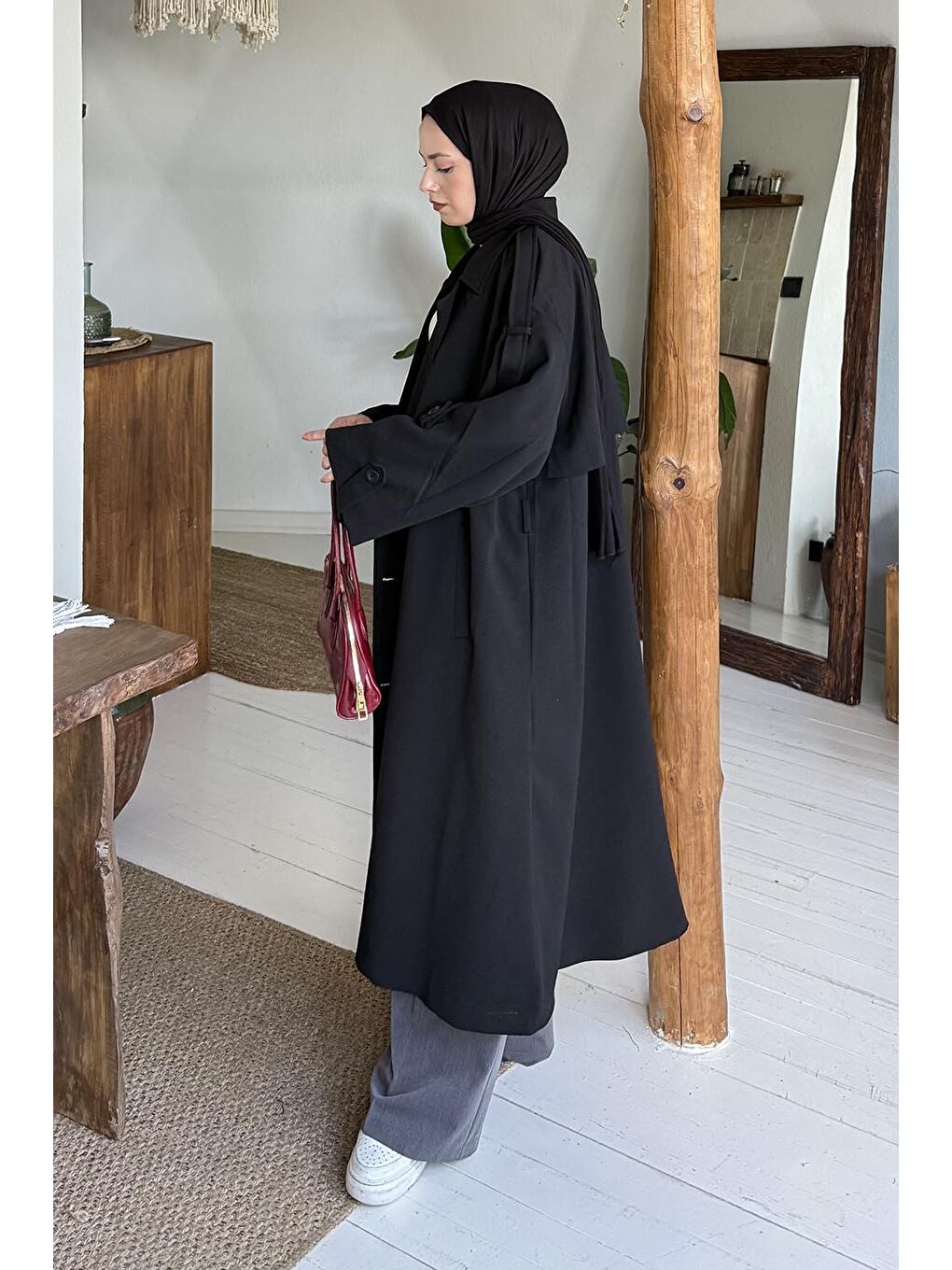 Bağlama Detaylı Trençkot Siyah-1