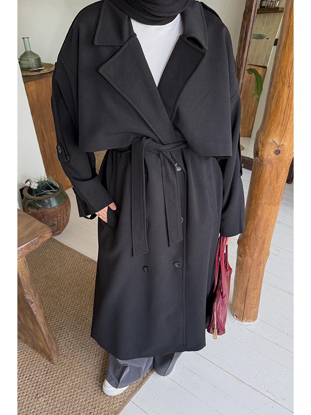 Bağlama Detaylı Trençkot Siyah-2